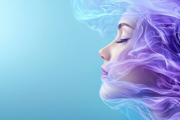 A serene profile of a woman surrounded by colorful smoke, capturing a sense of tranquility and ethereal beauty.