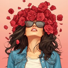 A stylish woman with a crown of roses, wearing sunglasses, radiating confidence and beauty against a soft gradient background.