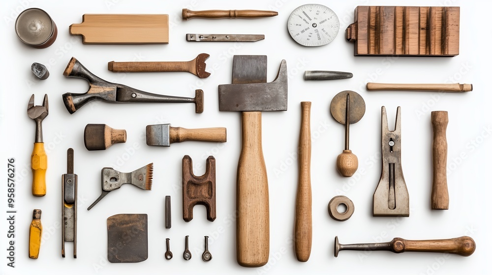 Poster a collection of various hand tools arranged neatly on a white background, showcasing craftsmanship a