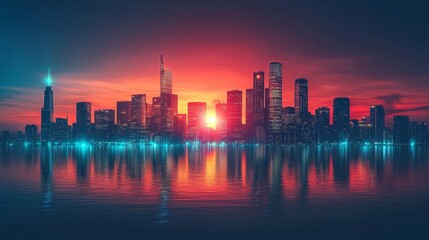 Fototapeta premium Cityscape Sunset Reflection Over Water