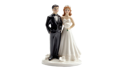 A whimsical wedding cake topper featuring a beaming bride in a flowing white dress and her groom in a classic black tuxedo, their happiness radiating pure joy. 