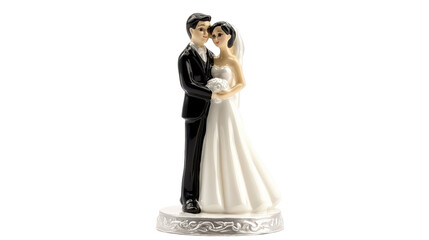 A charming wedding cake topper featuring a beaming bride in a classic white gown and her groom in a smart black tuxedo, their embrace symbolizing a lifetime of love and happiness. 