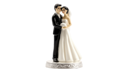 A charming wedding cake topper featuring a beaming bride in a classic white gown and her groom in a smart black tuxedo, their embrace symbolizing a lifetime of love and happiness. 