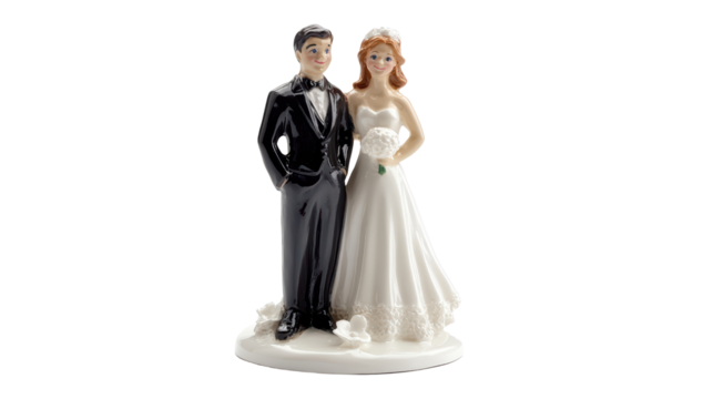 A whimsical wedding cake topper featuring a beaming bride in a flowing white dress and her groom in a classic black tuxedo, their happiness radiating pure joy. 