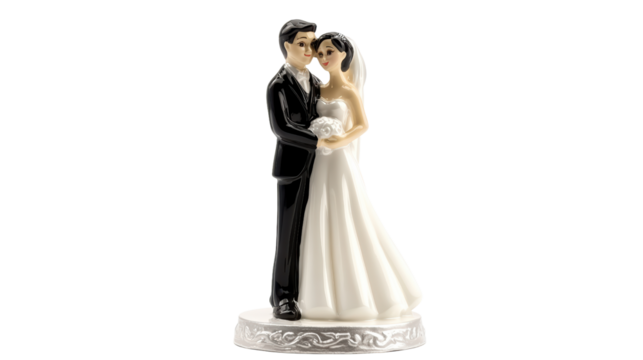 A charming wedding cake topper featuring a beaming bride in a classic white gown and her groom in a smart black tuxedo, their embrace symbolizing a lifetime of love and happiness. 
