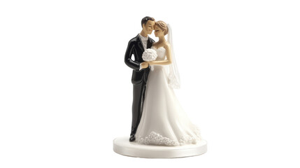 A bride and groom wedding cake topper figurine. The couple is embracing, with the bride holding a bouquet, symbolizing love and commitment on their special day. 