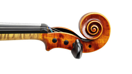 A close-up of the scroll and tuning pegs of a violin, showcasing the instrument's craftsmanship and elegance. 