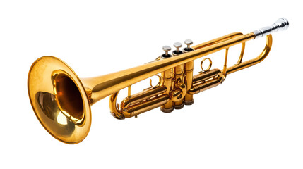 Obraz premium A close-up shot of a bright gold trumpet, isolated on a black background. The image evokes a sense of musicality, sophistication, and the rich history of jazz and classical music. 