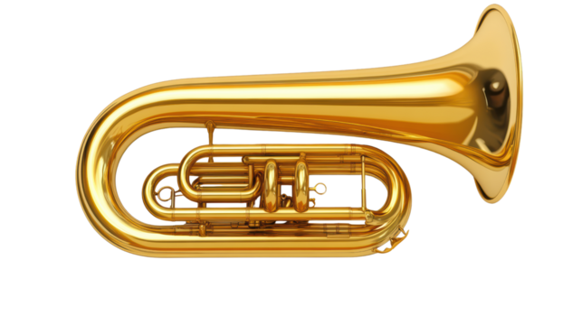 A shiny, gold baritone horn, gleaming against a black background. This instrument exudes a sense of power and musicality, ready to fill the air with its rich sound. 