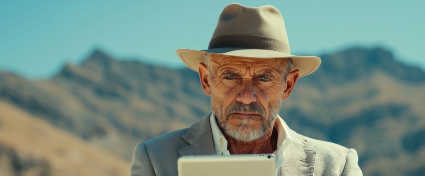 A man in a hat and a gray jacket is looking at a tablet