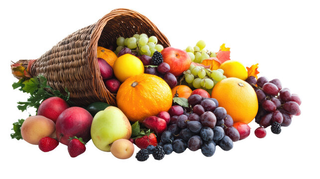 A cornucopia overflowing with a vibrant bounty of fresh fruit evokes feelings of abundance, joy, and gratitude, celebrating the beauty of the harvest season. 