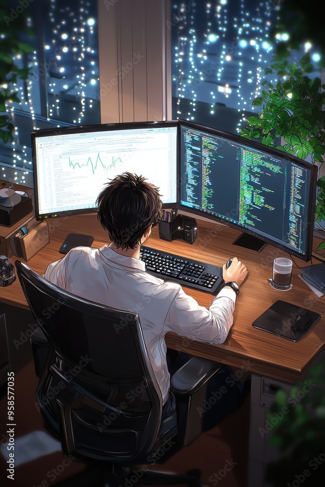 Poster a focused individual analyzes data on multiple screens in a modern workspace with a city view and am