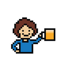 Cute pixel cartoon 8bit character man drink beer alcohol party  lifestyle decoration life style 8 bit male boy drinking beer isolated PNG vector.