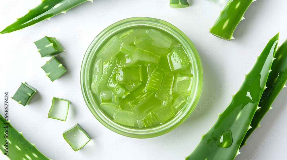 Sticker a stack of cut slices of aloe on a gray stone table , a very useful herbal medicine for skin care and hair car