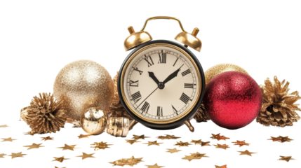 A vintage alarm clock ticks down to midnight, surrounded by glittering gold and red Christmas ornaments and sparkling confetti, evoking anticipation and joy for the new year. 