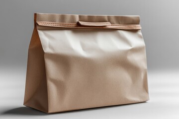 Obraz premium A brown paper bag with a stitched flap on a gray background.