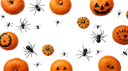 Spooktacular Halloween pumpkins and spiders on a black background, capturing the festive spirit of this creepy celebration. 