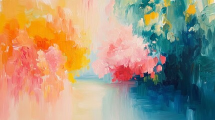 Abstract Oil Painting with Pink  Yellow  Blue  and Green Colors