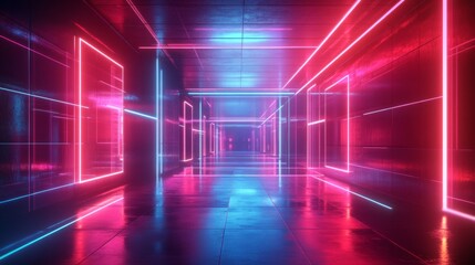 Neon Lights Abstract Background   Futuristic Glowing Corridor