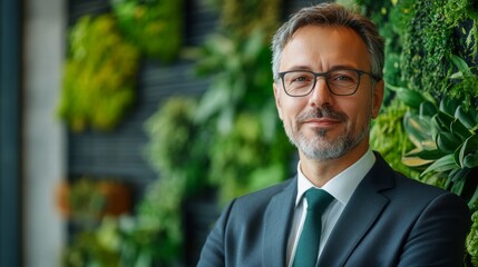Fototapeta premium Portrait of a businessman leader advocating for environmental responsibility, with eco-friendly initiatives in business.