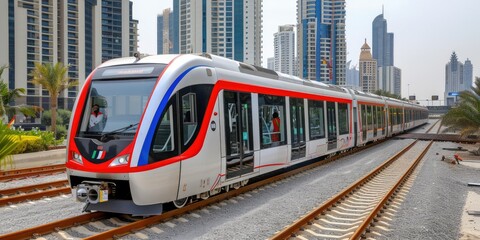 Naklejka premium Modern train on railway tracks in a bustling urban environment during daylight