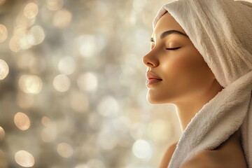 Fototapeta premium Close-up Profile of a Woman with a Towel Wrapped Around Her Head