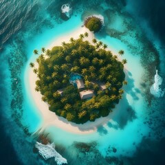 Aerial View of a Tropical Island Surrounded by Turquoise Waters