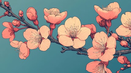 A close-up of cherry blossoms against a radiant blue sky, rendered in a Japanese ukiyo-e style, with intricate line work, Flat Colors, Vintage, Illustrative, Cultural Essence.