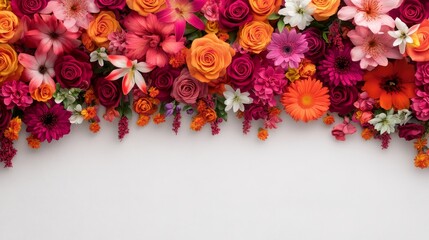 A colorful arrangement of roses, lilies, and daisies viewed from above, placed on a rough white surface, Digital Illustration, Neon accents, Bold outlines, Modern and artistic