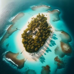 Aerial View of a Tropical Island Surrounded by Turquoise Waters