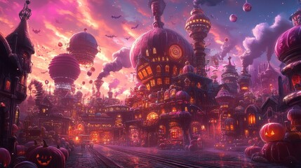 Fantasy Halloween Town with Pumpkins and Flying Bats