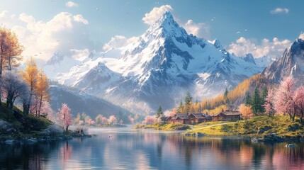 Majestic Mountain Range with Reflection on Tranquil Lake and Cozy Cabin Village