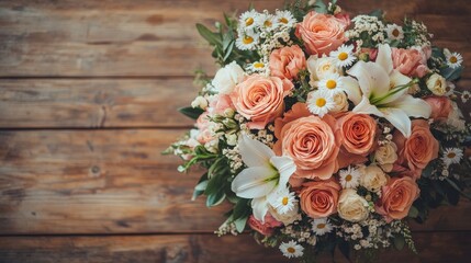 Floral arrangement of roses, lilies, and daisies in a spiral design on wooden surface, soft focus, natural texture, bohemian style, pastel tones.