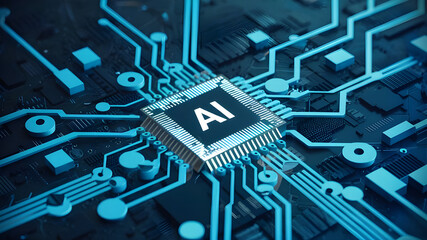 The Heart of Future Technologies Visualized Through a Circuit Board.  Glowing blue ai chipset. AI chip on a circuit board.
