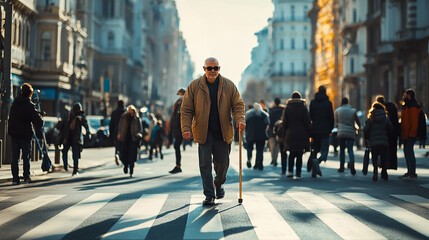 Obraz premium A blind man in glasses with a cane for the blind walks down the street, people help him cross the road