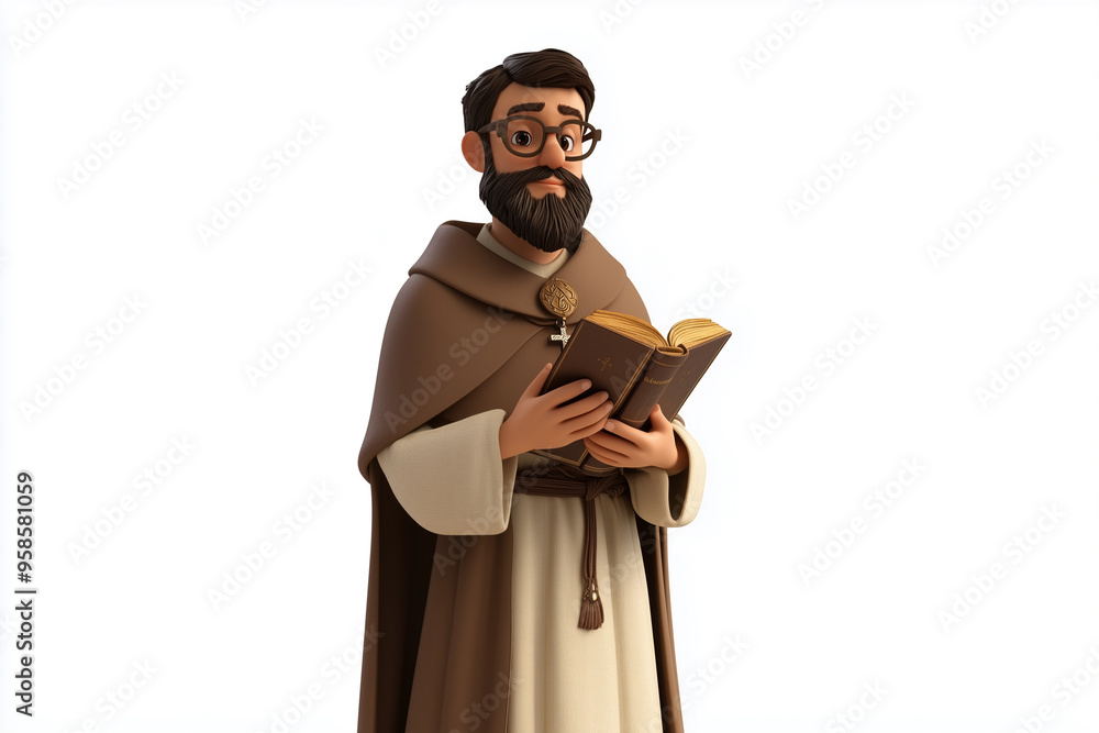 Wall mural standing saint holding a book on a white background