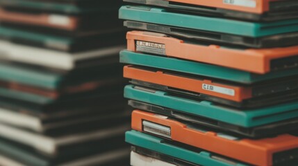 A Stack of Colorful Floppy Disks: A Nostalgic Tribute to Vintage Technology and Data Storage Solutions from the Past Era of Computing.