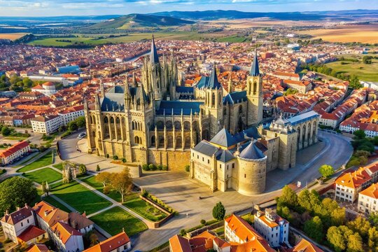 An aerial view of the magnificent Episcopal Palace of Astorga and the beautiful Cathedral towering over the city, Majesty, Travel Destination, Urban, View, Rooftops, Neo-Gothic