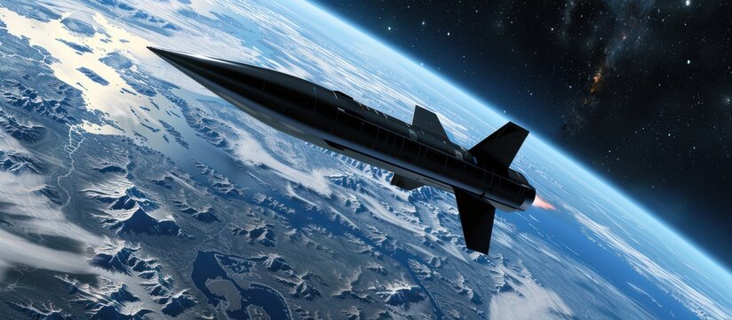 portrait of a hypersonic Missile or rocket over an apocalyptic Earth. Blue Moon in the sky