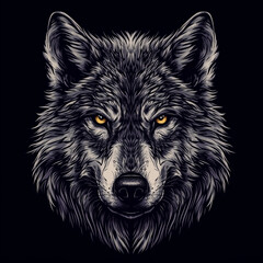 Wolf head logo with detailed fur texture and piercing eyes, conveying strength and agility
