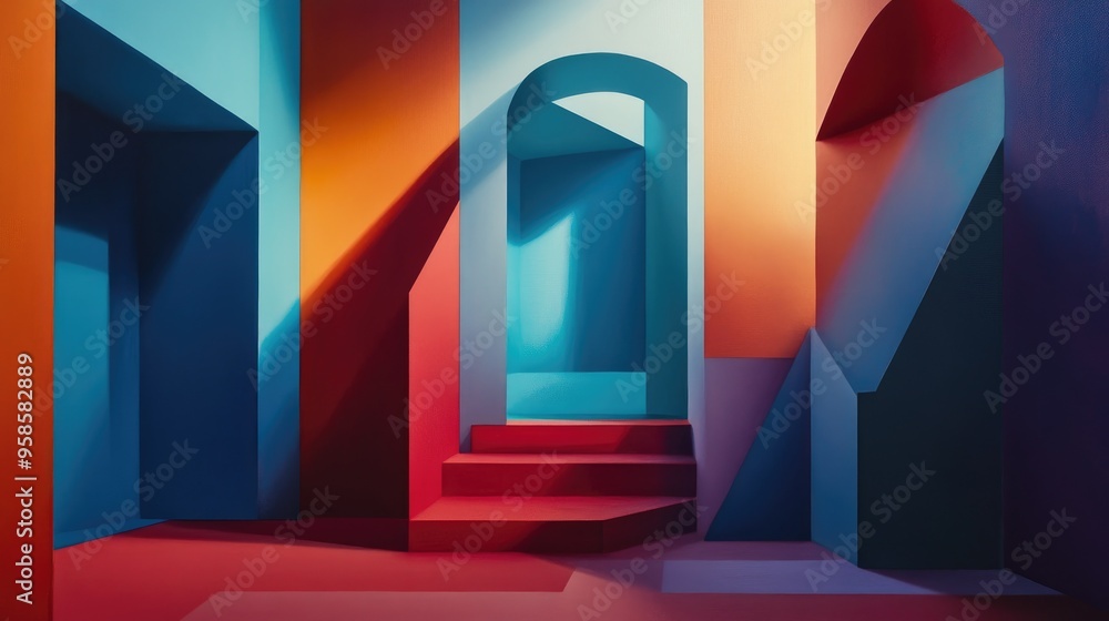 Poster Abstract Geometric Interior with Red Steps and Colored Walls