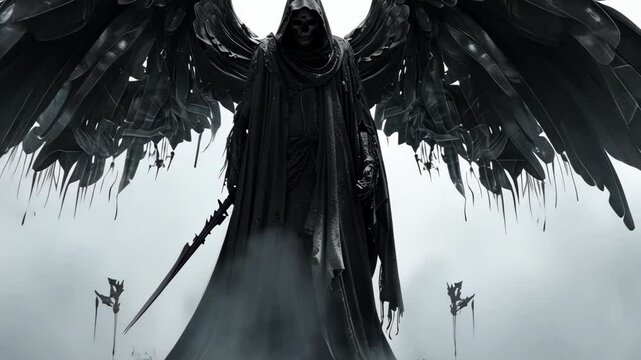 A mysterious figure with black wings stands in a haunting landscape surrounded by a dark aura