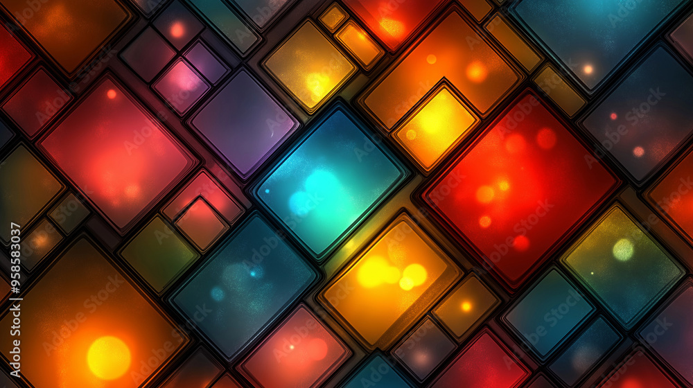 Poster colorful abstract design featuring overlapping geometric shapes illuminated with vibrant lights in a