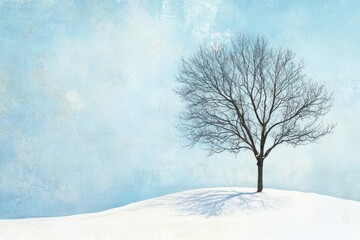 Fototapeta premium A Lone Bare Tree Standing in a Snowy Field Against a Blue Sky