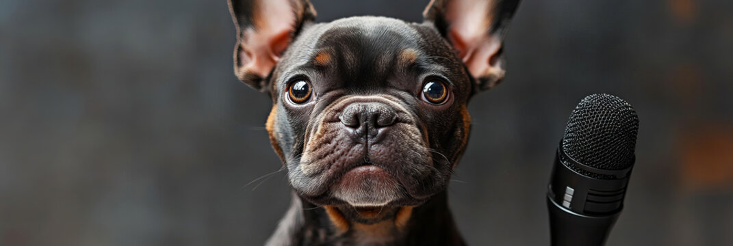 French Bulldog With Microphone On Dark Background, Minimalistic Colors, Curious Expression And Funny Mood In A Scholarly Setting