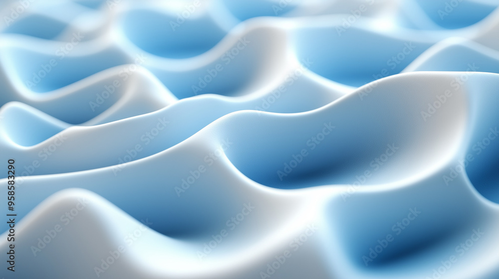 Poster close-up of soft, undulating blue fabric creating gentle waves, illuminated softly for an ethereal e