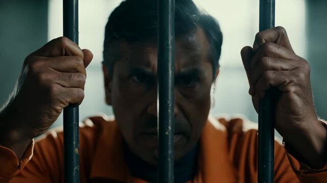 Middle aged Caucasian male prisoner in an orange uniform against a background of metal bars looks at the camera. The criminal serves his sentence in a prison cell. Close-up FHD video.