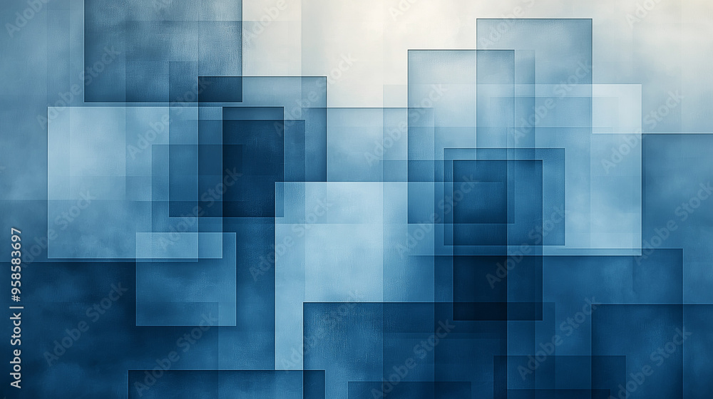 Poster abstract blue geometric shapes layered together in a calming composition with varying opacity and te