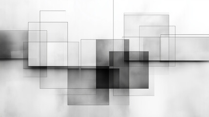 Abstract black and white geometric shapes overlapping on a minimalist background, creating depth and visual interest