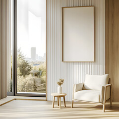 Fototapeta premium Beige home living room interior with armchair, panoramic window. Mockup frame